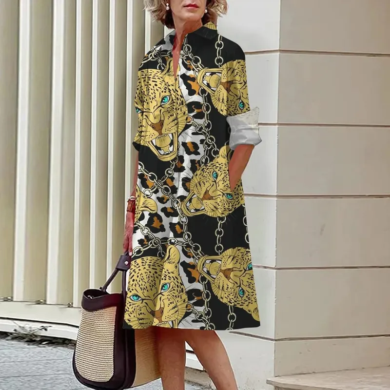 2024 Elegant Ladies Long Sleeve Shirt Dress Lapel Button Exquisite Printing Mid-Length Dress Casual Loose Commuter Shirt Dresses — image 3