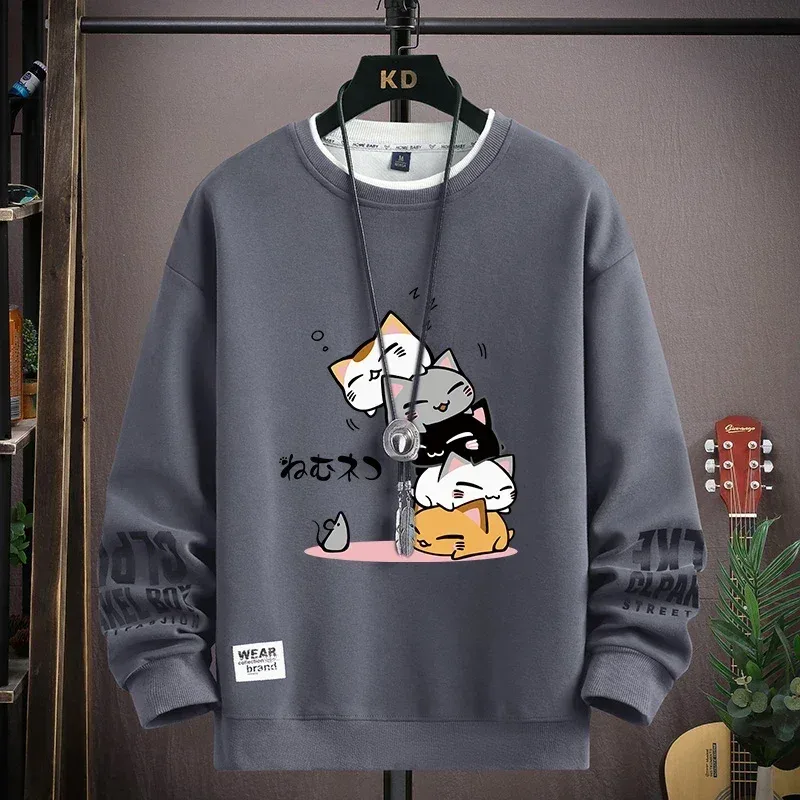 Spring Men's Sweatshirt Japan Cartoon Cats Printed Long Sleeve T-shirt Fashion Men's Clothing Khaki O Neck Harajuku Top 2024 New — image 3