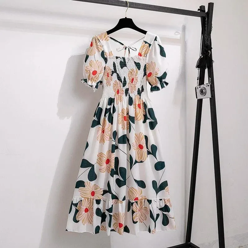 Spring Summer Chiffon Dresses Fashion Female Elastic Waist Short Sleeve Pleated Casual Dress Women A-line Dresses Vestidos — image 21