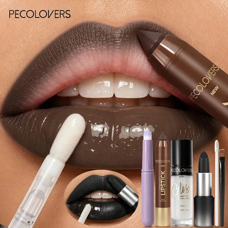 6PCS Lip Makeup Set Black Pigmented Lipstick Lip Liner Pencil Clear Glass-Like Shine Lip Gloss Lip Smudge Round Flat Brushes