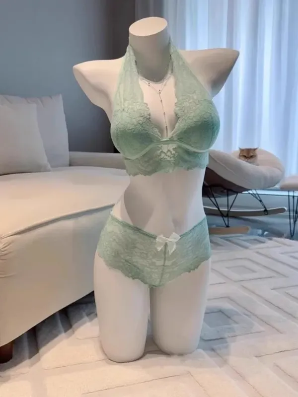 Mint Green Halter Neck Bra Set Wireless Lace Lingerie Adjustable Pads Heart-Shaped Back for Women Innerwear & Outerwear — image 2