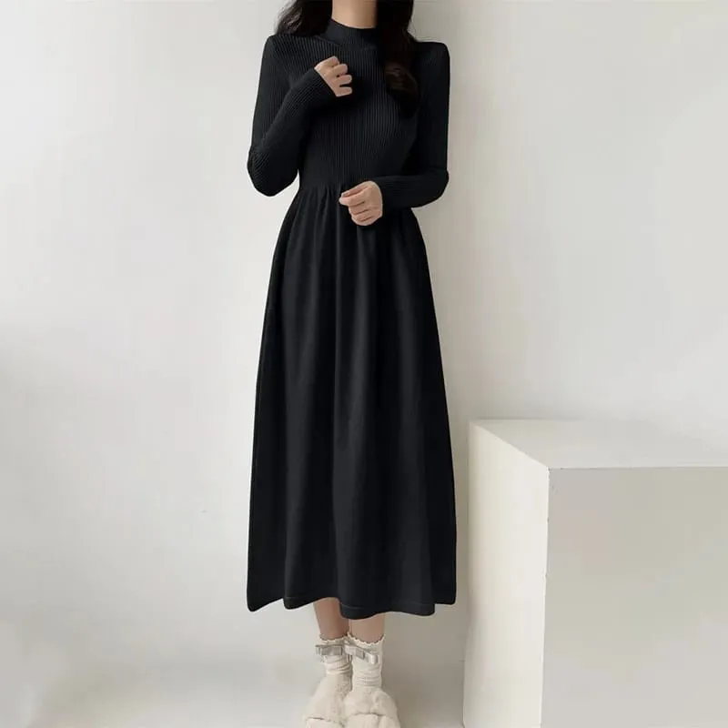 Autumn Winter Women Knitted Dress All-Match Simple Solid Half-High Collar Long Dresses Woman Korean Chic High Waist A-Line Dress — image 2