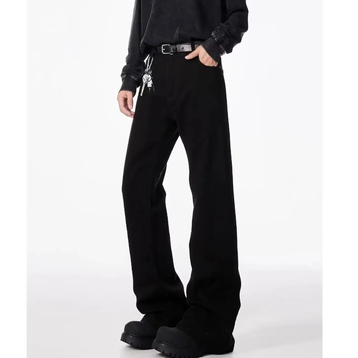 American basic washed black micro flared jeans men's stretch straight leg solid color slim fit straight leg versatile pants — image 2