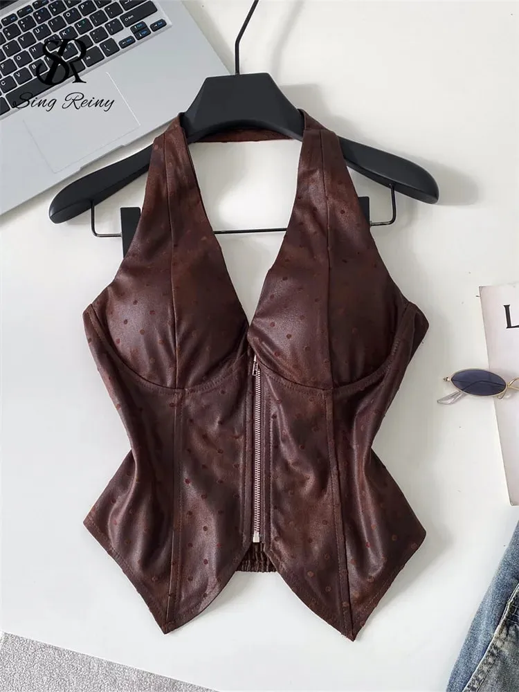Polka Dot PU Leather Sexy Top Slim Backless Shirred Zipper Sensual Tank Top 2026 Women Trendy Halter Hotsweet Camisole — image 3