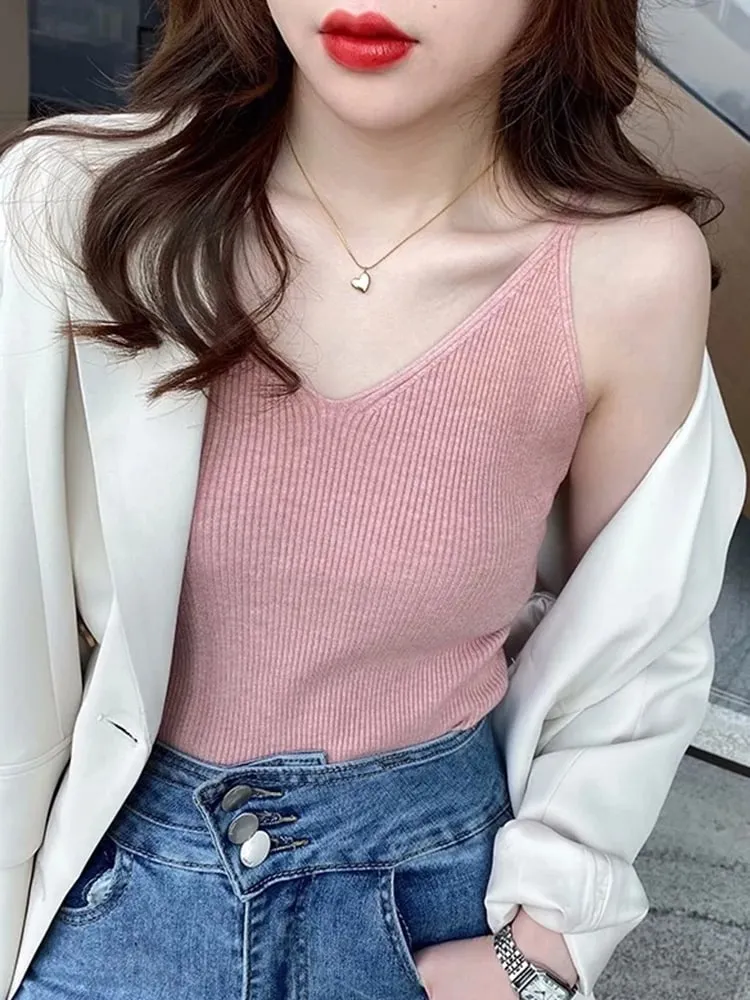 Korea Summer Tops New Solid V-Neck Elastic Knitted Suspender Camis Women's Tanks Clothing Basics Shirt — image 5