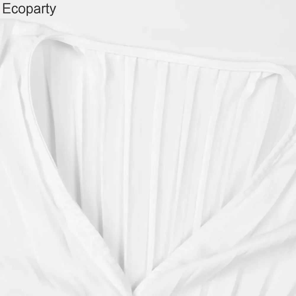 Women Loose White V-Neck Pleated Shirts Elegant Casual Chiffon Shirt Ladies Lantern Full Sleeve Tops Blouses 2024