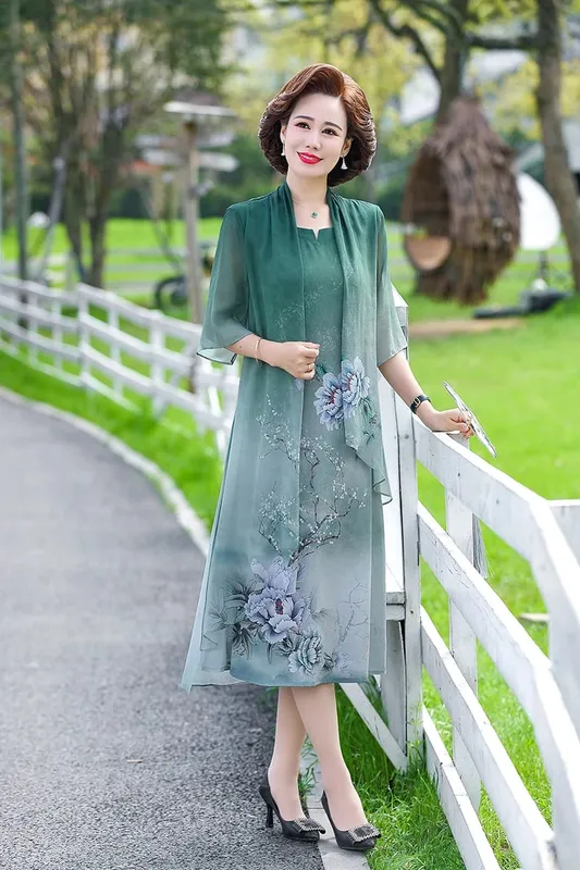 Fake two Summer Silk Middle Aaged Women Chiffon Short Sleeve Midi Dress Female Elegant Mother Dresses Vestitos — image 7