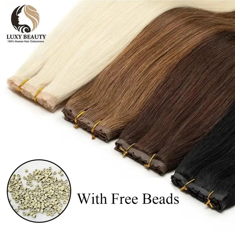 Blonde injected Hole Weft Human Hair Extensions Straight Twin Tab Butterfly Weft Natural Invisible Brown Hole Weft Extensions