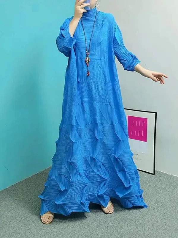 Pleated Maxi Dress For Women Turtleneck Solid Color Loose Style Female Fashion Clothing 2025 Spring Summer New 2DA3596 — image 6