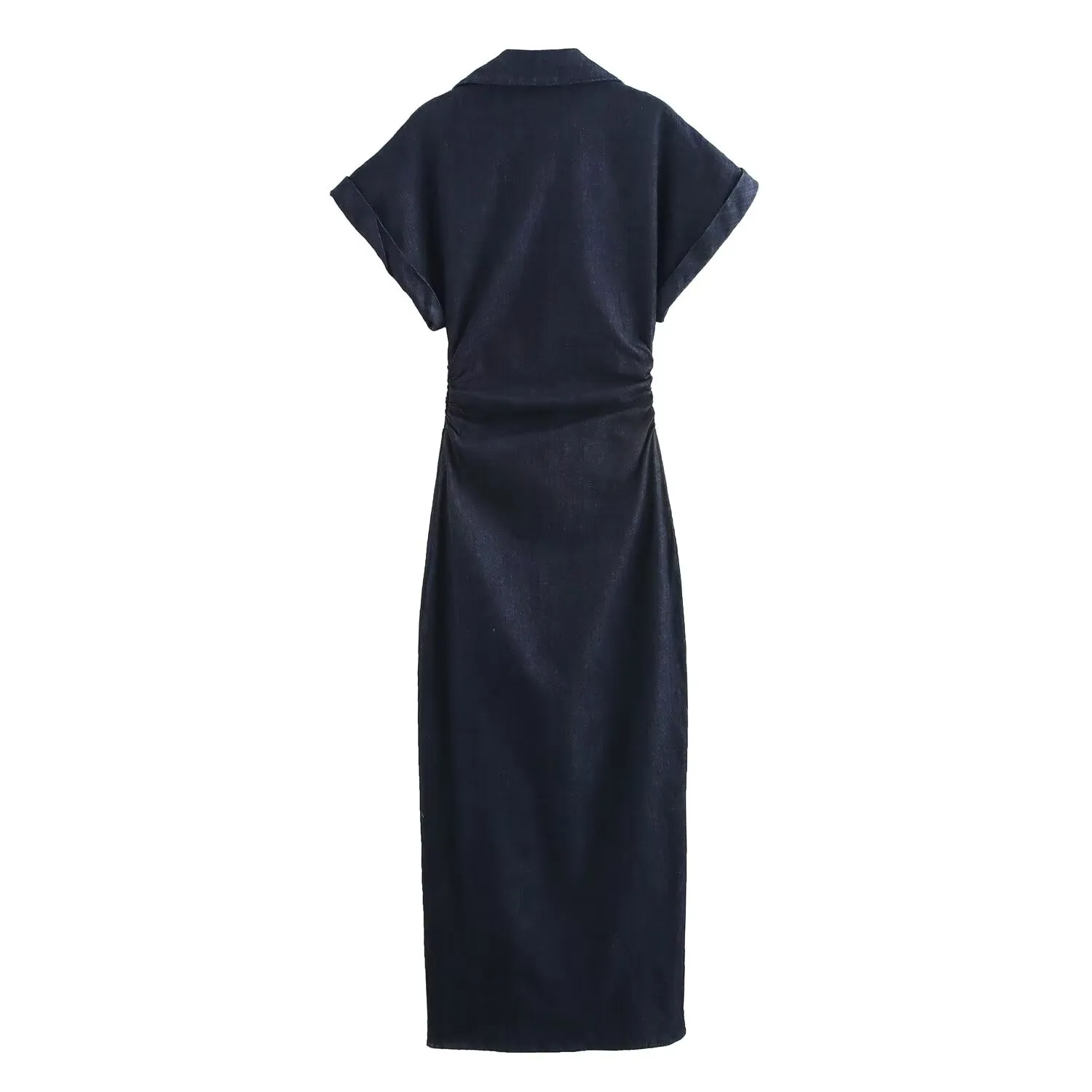 ETJ 2025 Spring New 1975 series denim MIDI dress with lapel side zipper fashion wrinkle waist slim elegant dress — image 6