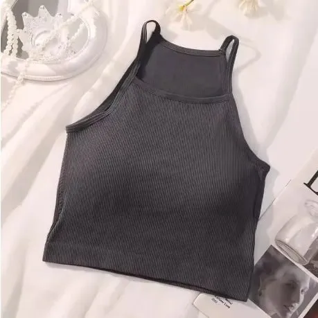 Korean Version Women Tank Tops Thread Solid Casual Fashion Crop Top with Chest Pad Stripe Sleeveless Outer Wear Basic Camisole — image 9