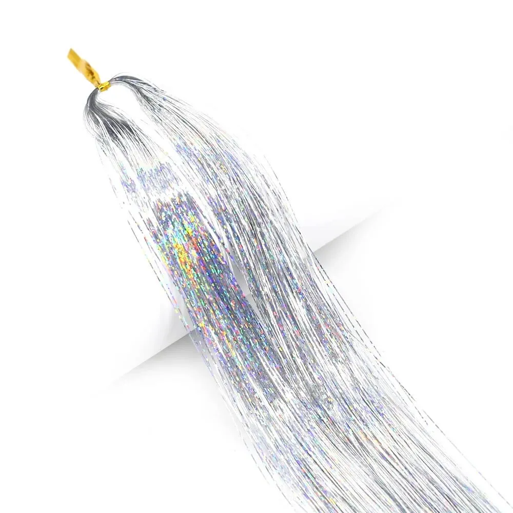 Long Sparkle Shiny Hair Tinsel Rainbow Silk Hair Extensions Dazzles Women Hippie For Braiding Headdress 120Strands/bag — image 15