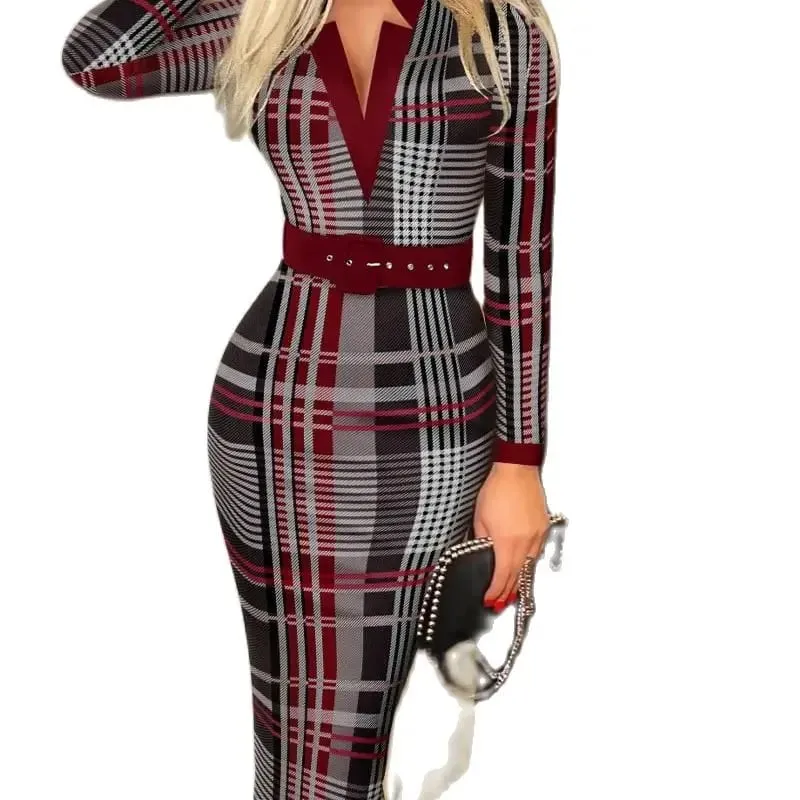 Women's Sexy Geometric Pattern V-Neck Midi Pencil Dress with Belt Long Sleeve Knit Bodycon Dress Suitable for All Seasons — image 3