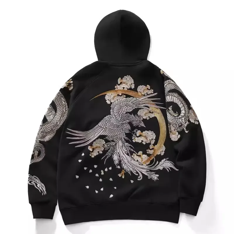 Makuluya Hoodies Yokosuka Black Dragon Phoenix Suzaku Pattern Embroidered Pullover Sakura — image 7