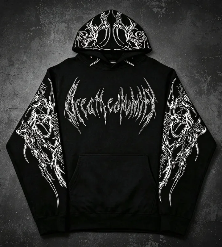 Men Alt Gothic Pullover Hoodie Y2k High Street American Style Dark Thorn Print Fleece Lined Loose Biker Fall Winter Sweatshirt — image 6