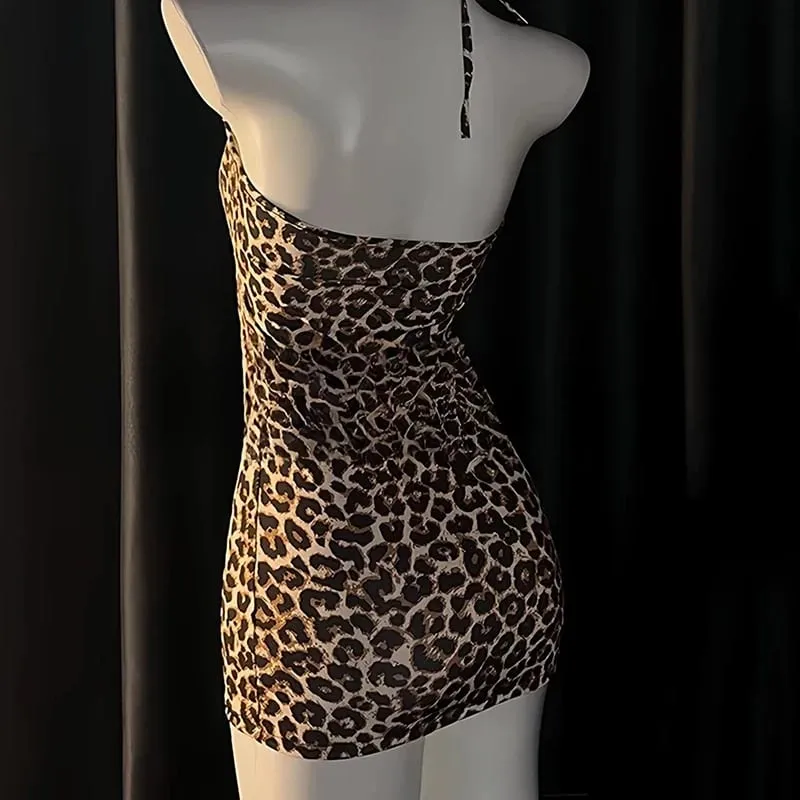 2025 Sexy Mini Leopard Print Dress Halter Backless One-piece Boysuit Hollow Lingerie Dress for Party Night Club — image 3