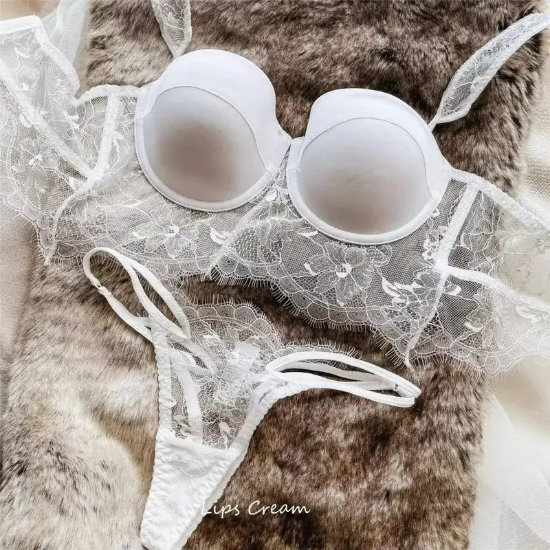 Sexy Lace Underwear Female Poly Poly Thin Soft Steel Ring up Support Anti-Sagging Collect Vice Breasts Solid Color Back Bra Set