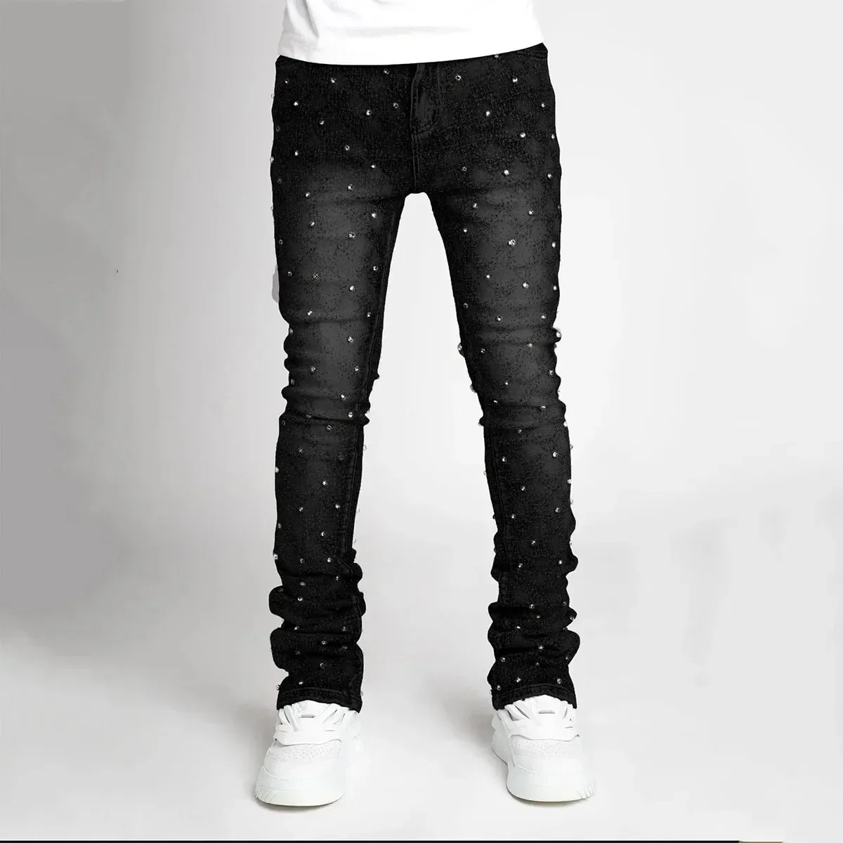 Personality Stacked Jeans for Men Slim Fit Stretchy Pearls Denim Laminated Pants for Men Fashion Straight Man's New Jeans — image 6