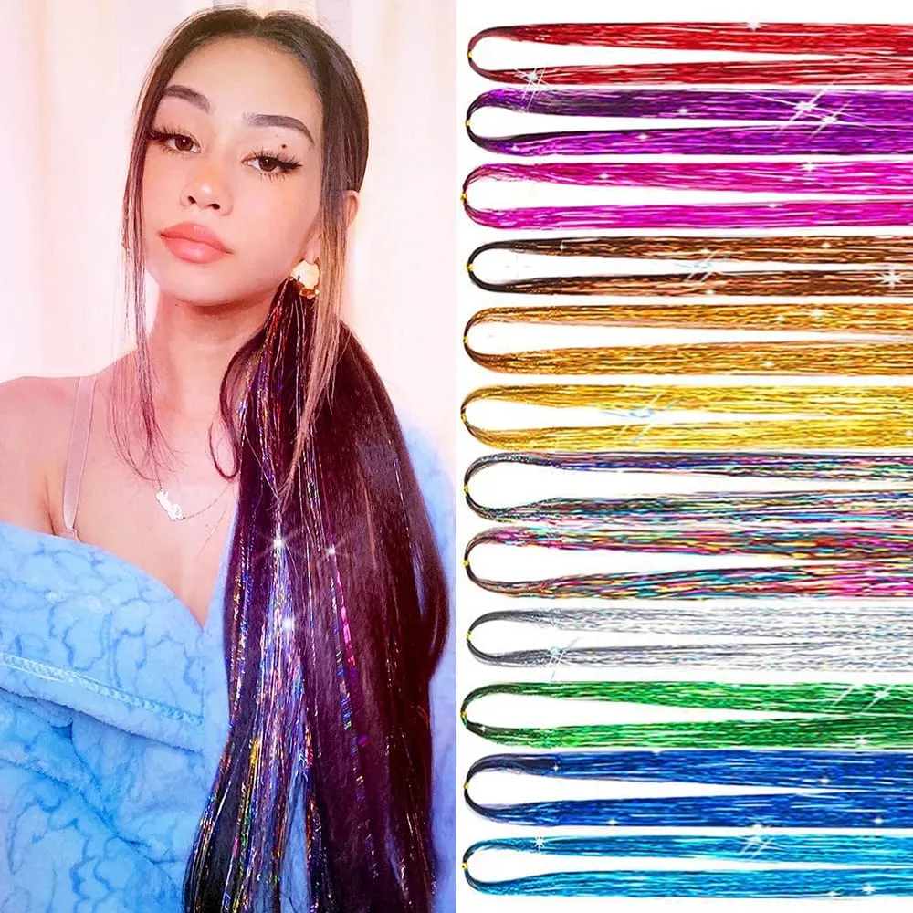 110cm Colorful Shiny Threads Glitter Hair Tinsel Kit Gold Purple Blue Silk Hair Glitter String Extensions Accessories for Women — image 2