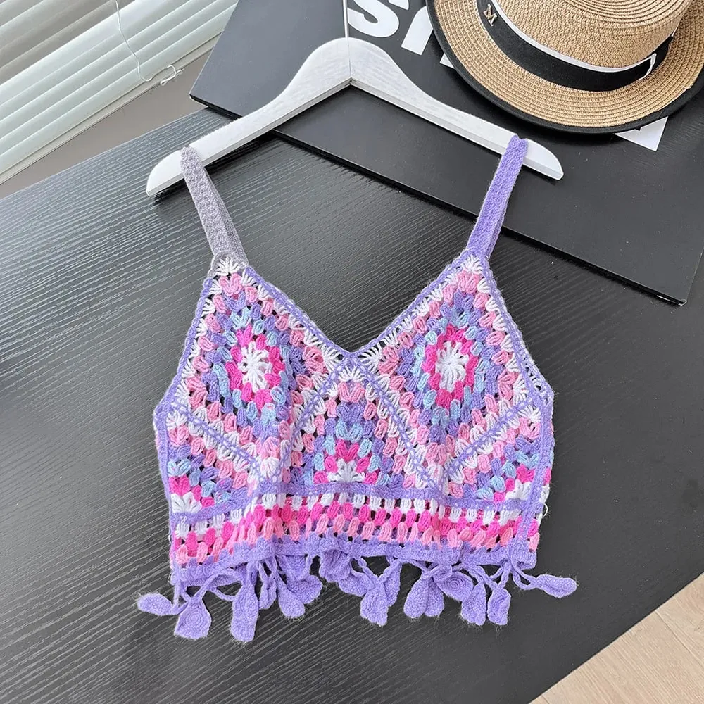 Colorful Patched Crochet Knit Cami Top Fringed Strap Crop Tank Top for Women Teengirl Summer Boho Vacation Beach Wear — image 7