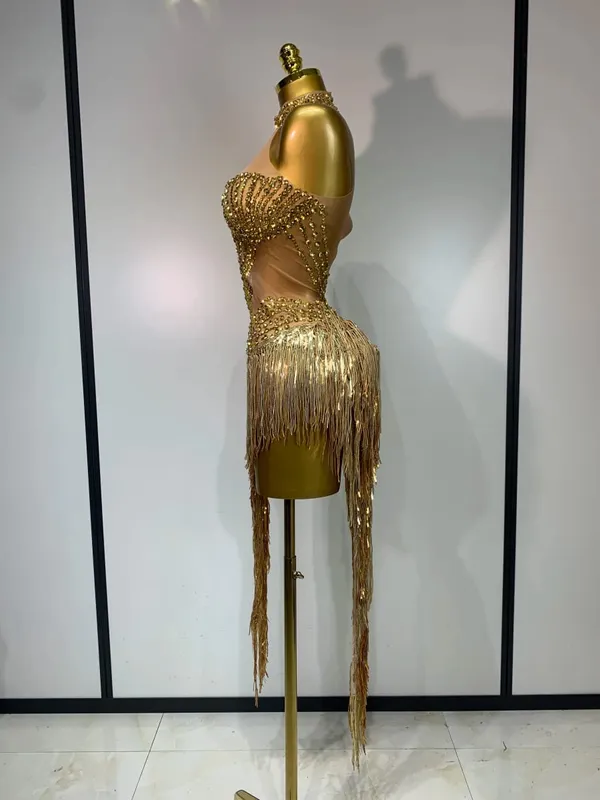Sexet scenekostume Glitrende Rhinestone Mesh Gennemsigtige pailletter kvast Aften Fødselsdagsfest Natklub Dans Sanger Outfit — image 3