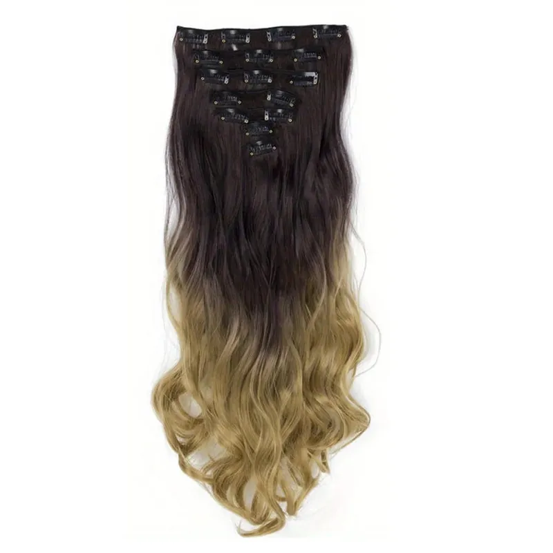 Clip in Hair Extensions Ombre Color Synthetic 7pcs Set Wavy Curly Hairpieces Black to Purple For Women Girls — image 14