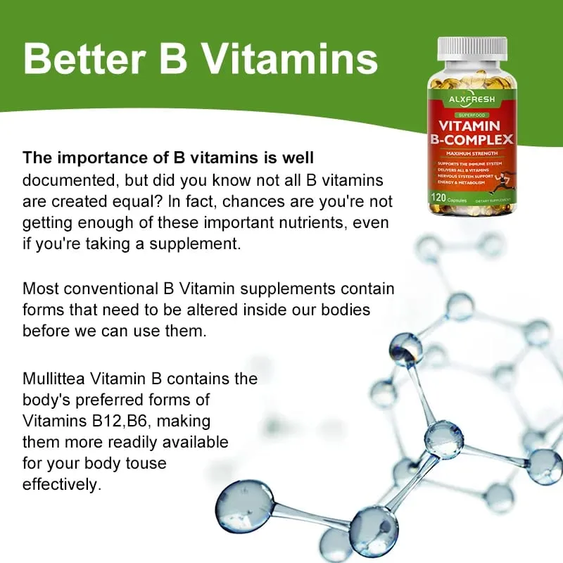 B-Complex Vitamins (B12 B1 B2 B3 B5 B6 B9 Folic Acid &Biotin) Capsule Liver Immune System Energy Support Nutrition Supplement