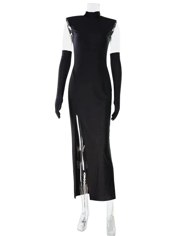 Ahagaga ファッション女性のマキシドレスとスカーフハーフタートルネックソリッドシースボディコンハイスプリットパーティー Eelgant トレンド Vestidos ローブ