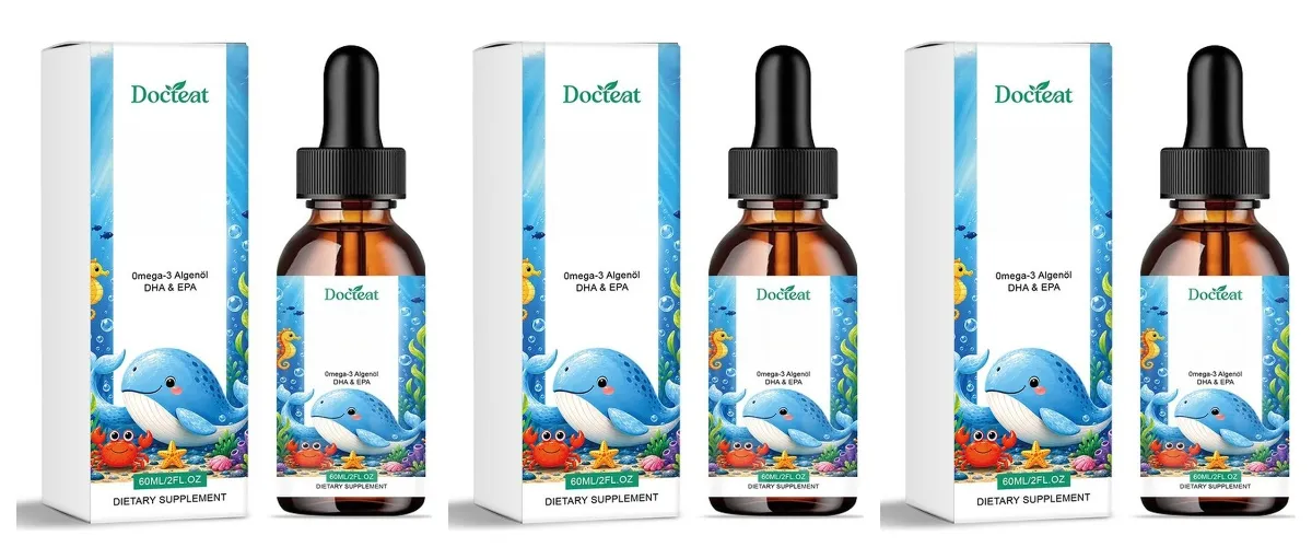 Docteat óleo de algas ômega-3 à base de plantas DHA EPA gotas líquidas crianças saúde do cérebro vegano não-OGM nutrição diária laranja 60 porções