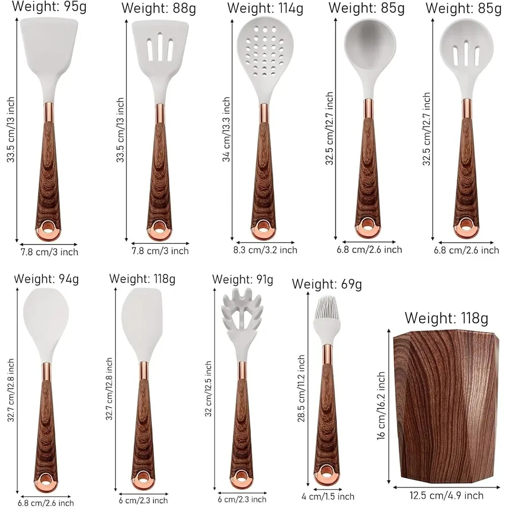 Silicone Kitchen Utensil Set 10 Pcs Cooking Utensil with Utensils Holder Wooden Pattern Handles Nonstick Cookware JT264