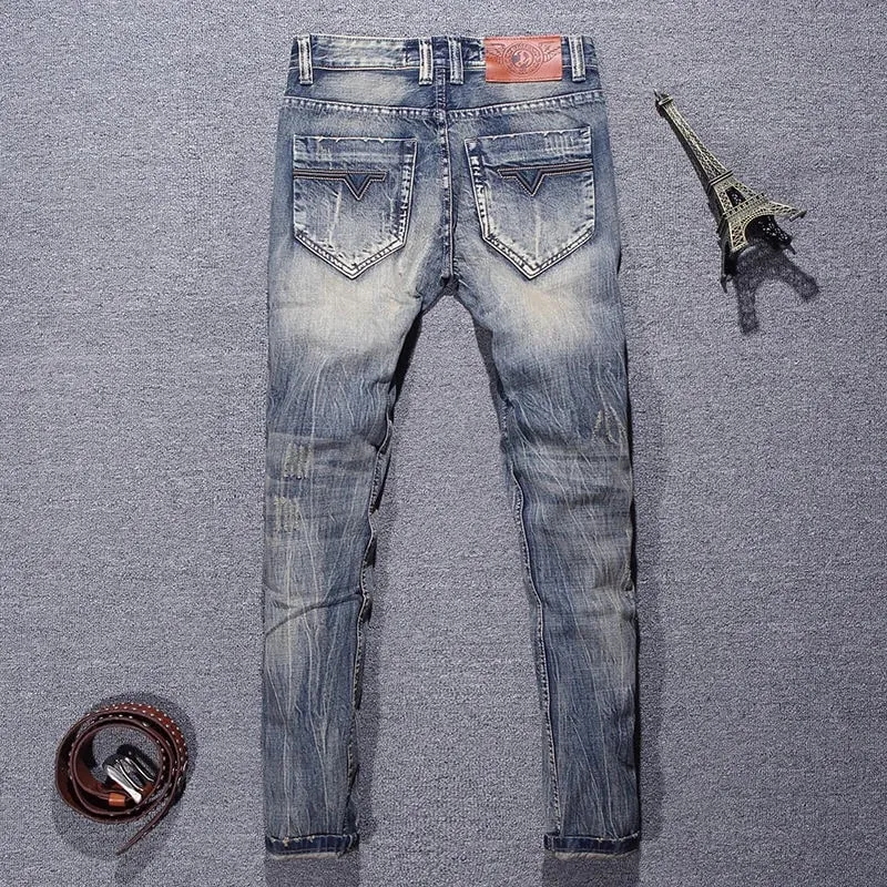 2023 Spring and Autumn New Classic Fashion Solid Color Ripped Small Foot Pants Men's Casual Comfort Elastic High Quality Jeans — image 2