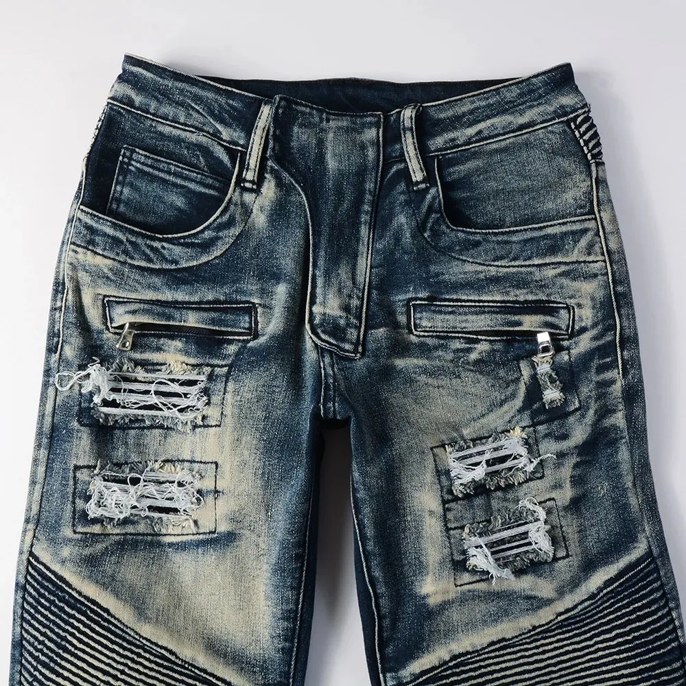 Men's Biker Jeans for Motorcycle Holes Ripped Distressed Patch Pants Stretch Denim Cotton Slim Straight Trousers High Quality — image 3