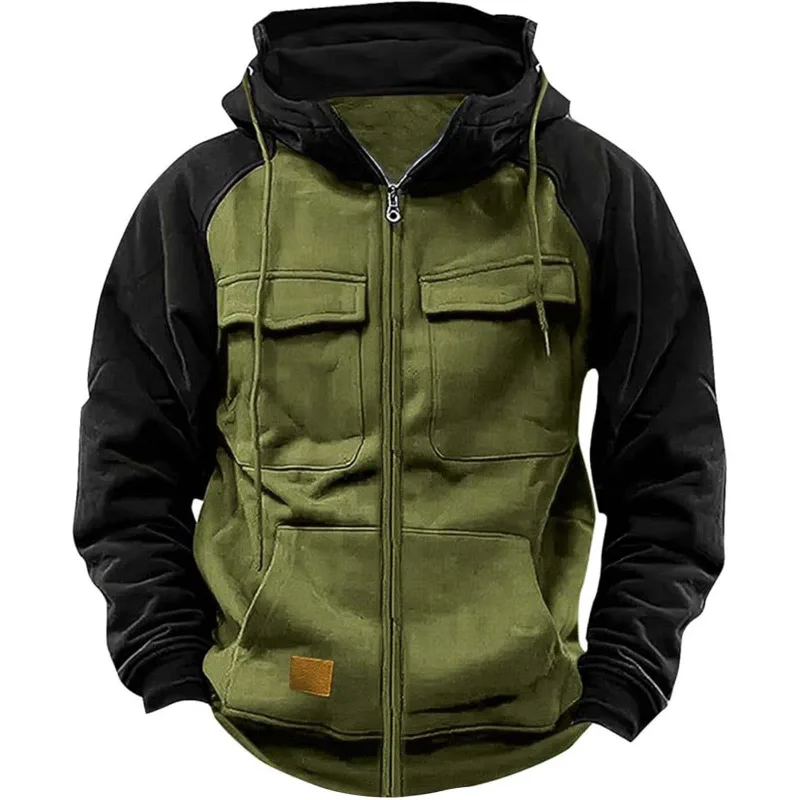 Autumn Winter Hoodies Men Zipper Patchwork Warm Fleece Sweatshirts Multi Pockets Male Fashion Hooded Jacket Thick Outdoor Hoodie — image 2