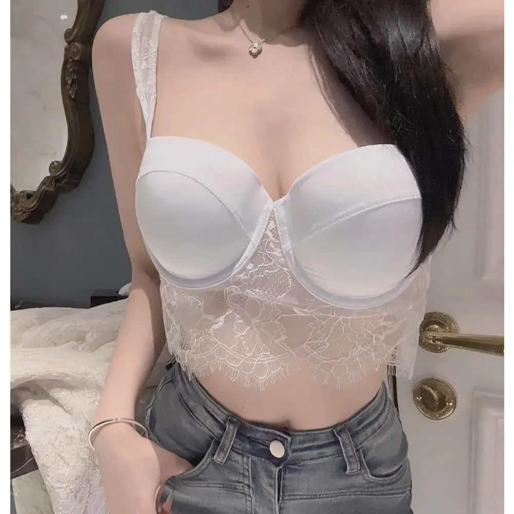 セクシーな Summer Thin Cup Lace Lingerie Set Soft Underwire Deep U‑Back Push‑Up Bra Matching Underwear Breathable Daily Intimates