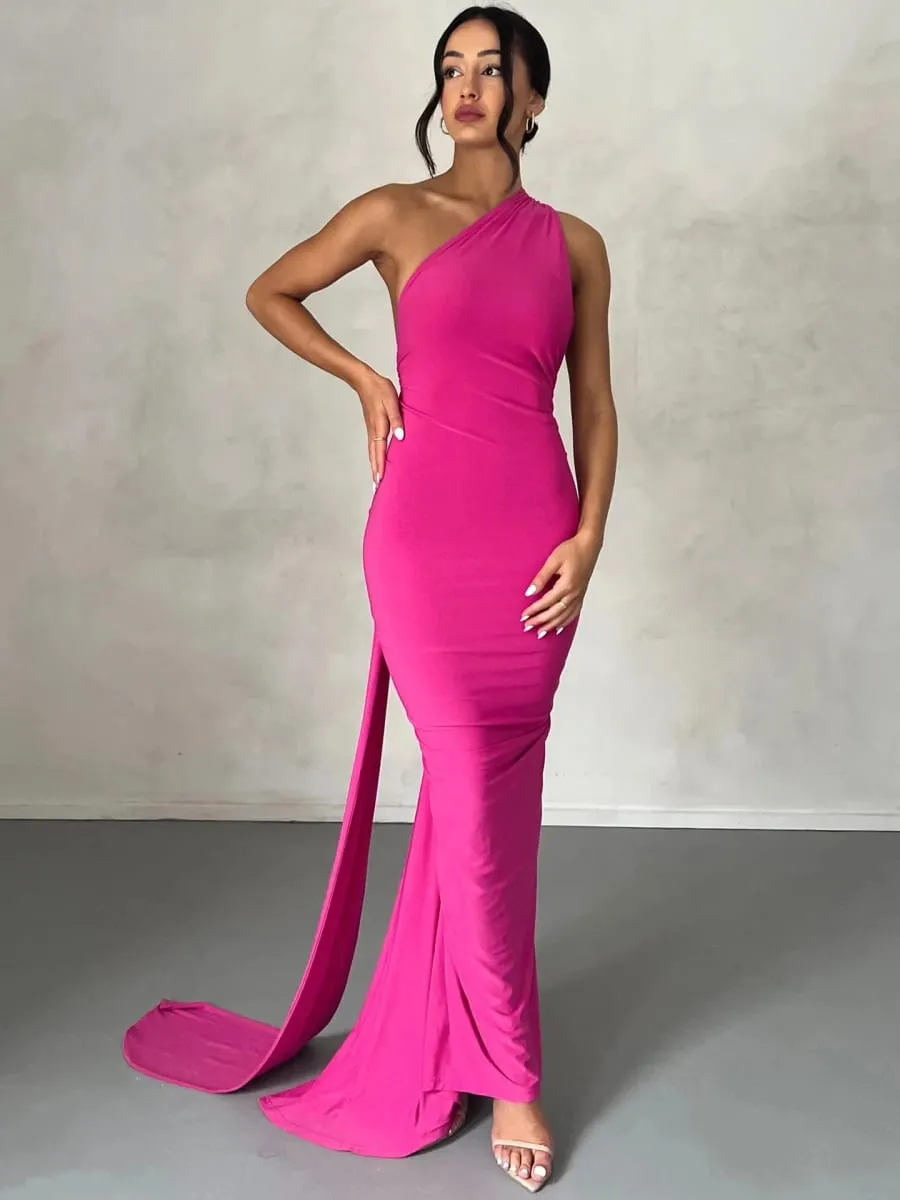 Kvinnor ärmlös maxiklänning med en axel, justerbar halsduk Loop Ruched Backless Bodycon Festival Festoutfit Elegant långklänning — image 4