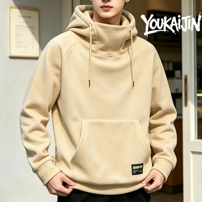 Men's Polar Fleece Sweatshirt Solid Color Street Style Autumn Winter Hood Sports Windproof Oversized High Collar Hoodie 5XL — image 14
