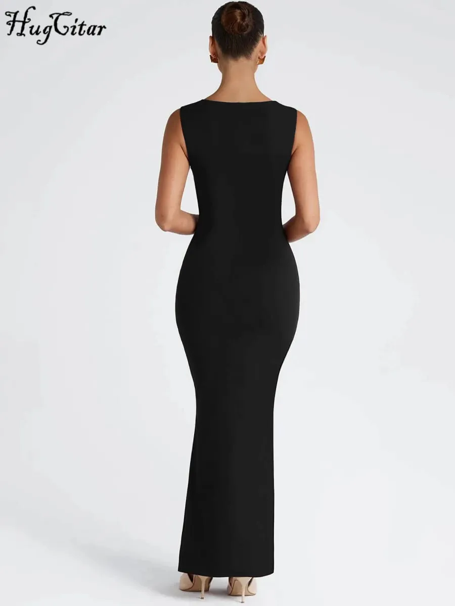 Hugcitar Women Elegant Solid Square Collar Straps Sexy Bodycon Maxi Prom Dress Summer Women Y2K Clothes Evening Party Birthday