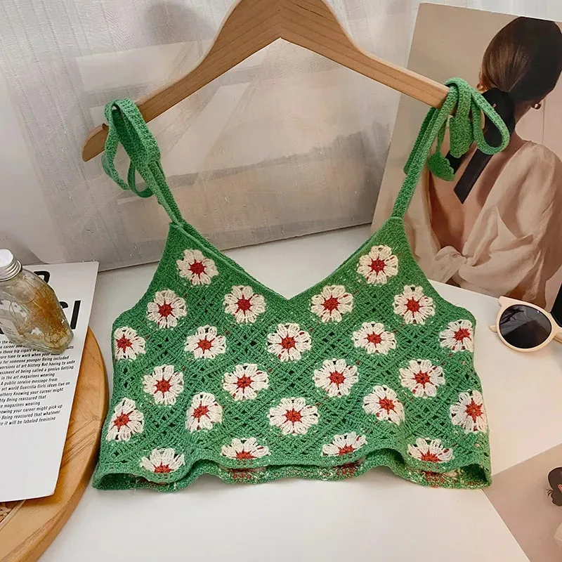 Floral Crochet Top with Tie Shoulder Strap Open-knit Cami Tank Women Teengirl Boho Crop Top Summer Vacation Bohemian Clothes — image 5