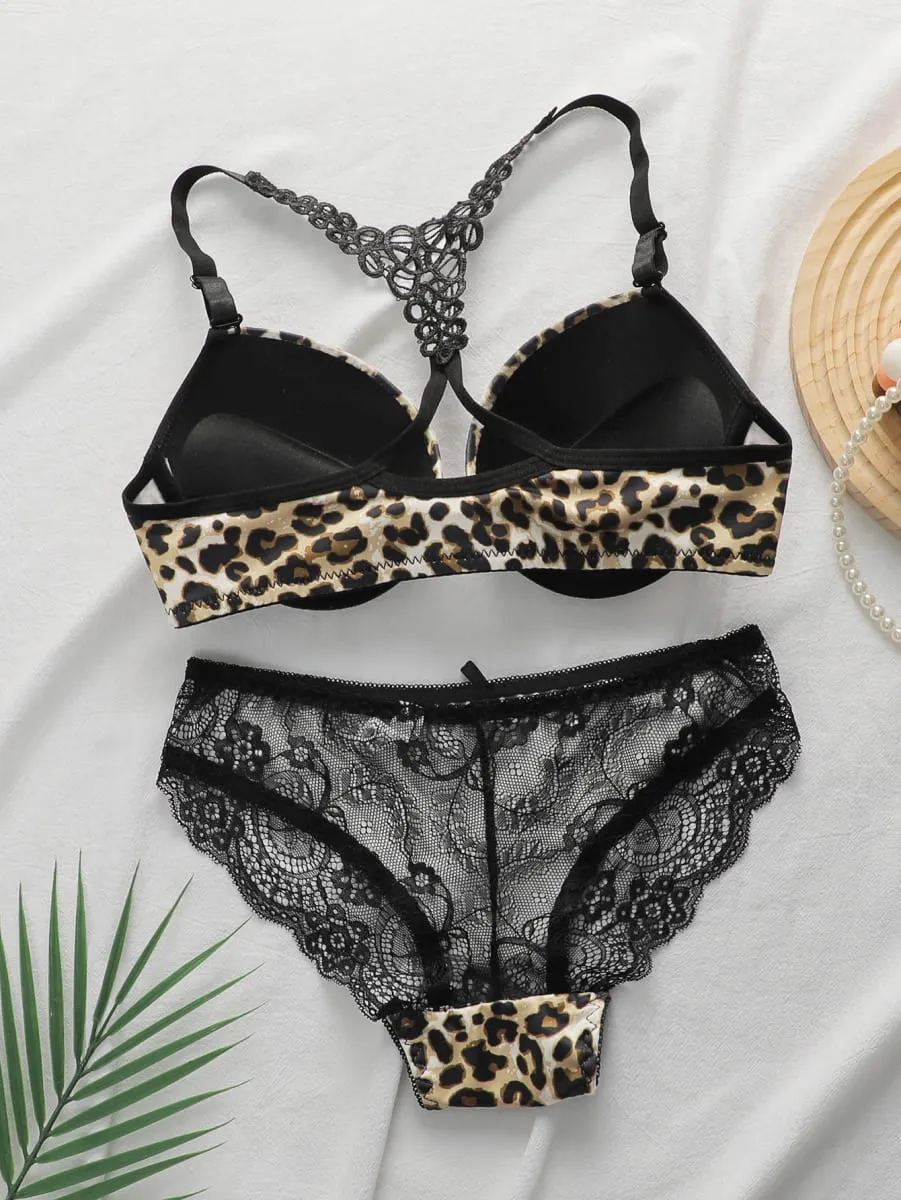 BH-Set mit Leopardenmuster, Vorderverschluss und Bügel, Push-up-Dessous-Set für Damen, sexy Spitzen-Bralette und Höschen, zweiteiliges Outfit
