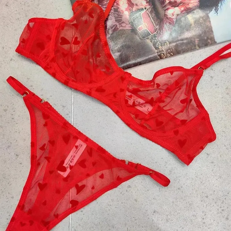 2 Pieces Lingerie Set Sexy Ultra Thin Breathable Brassiere for Women Push Up Bra Set Summer Mesh Romantic Peach Heart Intimates — image 12