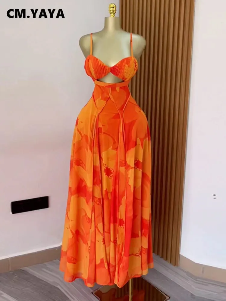 CM.YAYA Women Floral Printed Strap Backless Bra Front Big Swing Maxi Long Dress 2025 Vintage Sexy Club Party Evening Dresses — image 1