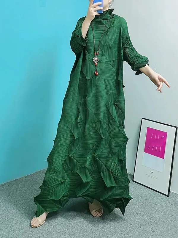 Pleated Maxi Dress For Women Turtleneck Solid Color Loose Style Female Fashion Clothing 2025 Spring Summer New 2DA3596 — image 3
