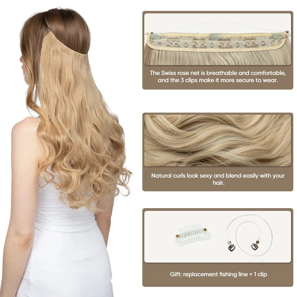 Nice Premium Synthetic Invisible Wire With Clip In Hair Extensions Daily Use Hairpieces Long Brown Natural Wavy Fake Hair piece — image 3