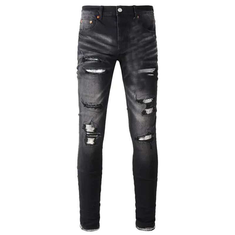 High Street Men's Jeans American Distressed Dark Black Coated Blank Stretch Skinny Button Fly Ripped Pants Trousers