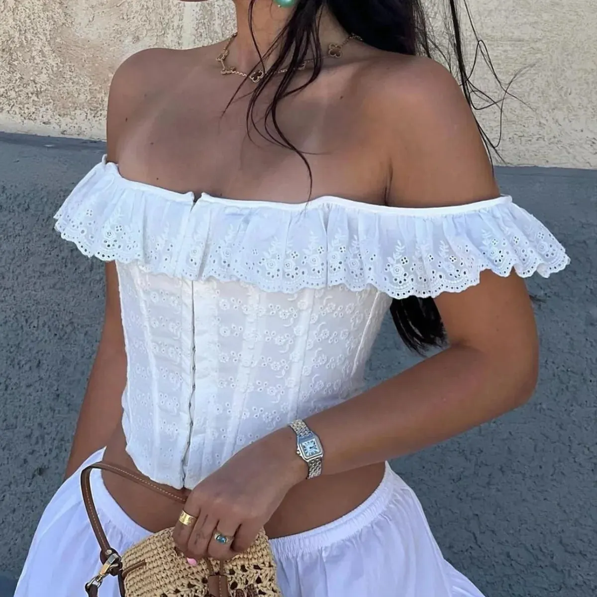 White Lace Ruffle Corset Short Vest For Women Elegant Backless Off Shoulder Cropped Shirts Female Summer Party Club Tops — image 7