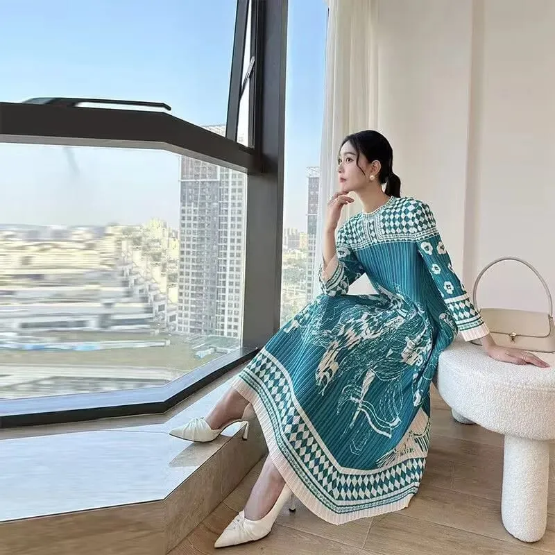 Beautiful Womens Dresses Spring New Printed Loose Folding Dress with Round Neck and Long Sleeve Fashion Temperament Long Dresses — image 2
