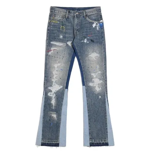 Blue Speckle Ink Washed Flared Jeans Slim Fit Hip Hop Graffiti Ripped Denim Pant Men Streetwear Vintage Wide Leg Jean Pants Y2k