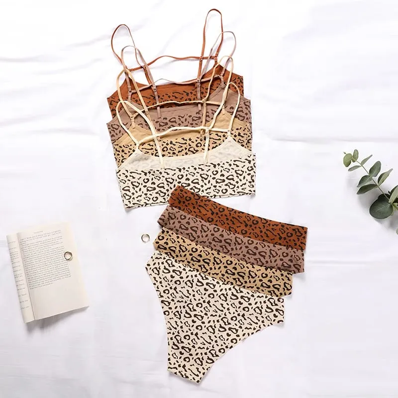 Hot Sale Leopard Ice Silk Bralette Wireless Active Fitness Tracelss Bra Brief Seamless Bra And Panty Set For Women — image 2