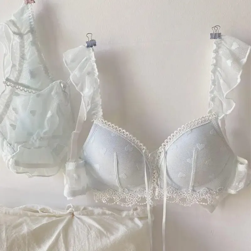 Kawaii ญี่ปุ่นชุดชั้นในชุดสำหรับหัวนมขนาดเล็กหวานโรแมนติกหัวใจพิมพ์ Bralette สบายสวมใส่ทุกวัน Anti-Sagging Bra — image 1