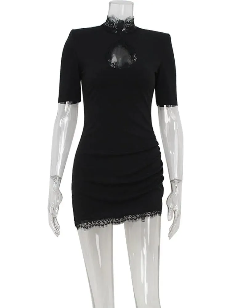 Hollow Out Bodycon Sheath คอปกสูงลูกไม้ Patchwork ชุดสตรีครึ่งแขนชุดเซ็กซี่คลับแฟชั่นหญิง Vestidos — image 6
